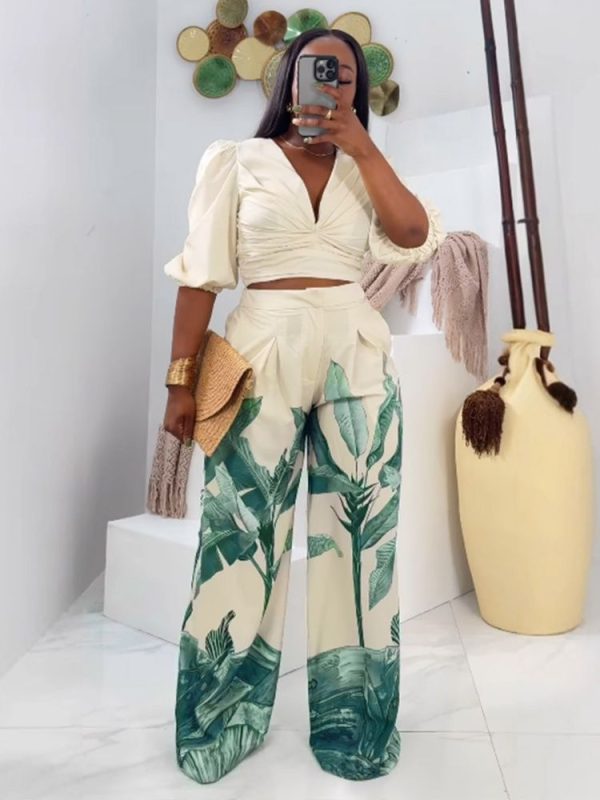 Wmstar Women Two Piece Set Casual Short sleeved Printed V neck Lantern Sleeve Wide leg Long Pants