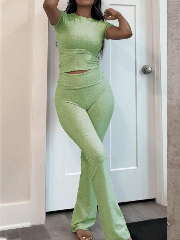 Women's Summer Casual Solid Color Slim Fit T-Shirt With Slim Fit Flared Pants 2pcs/Set