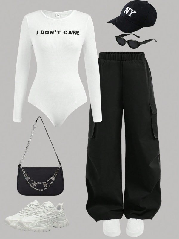 Teen Girl's 2 Pieces Outfit Set/Street/Autumn/Winter/White Round Neck Long Sleeve Versatile Casual Daily Slogan Printed Leggings And Gray Overalls/Back To School
