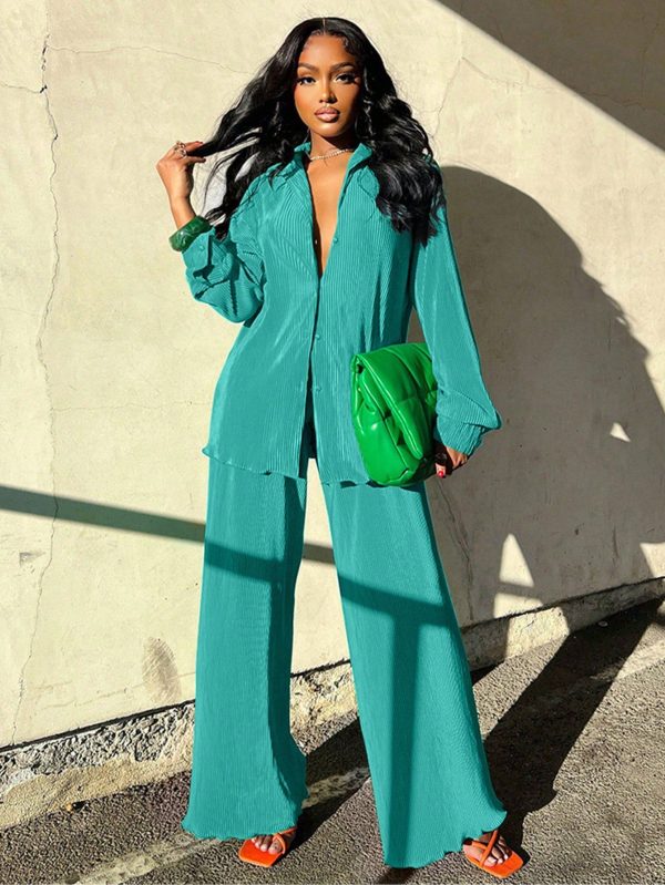 Fashionable Casual Pleated Top And Wide-Leg Pants Women's Two-Piece Set For Comfortable Outfit