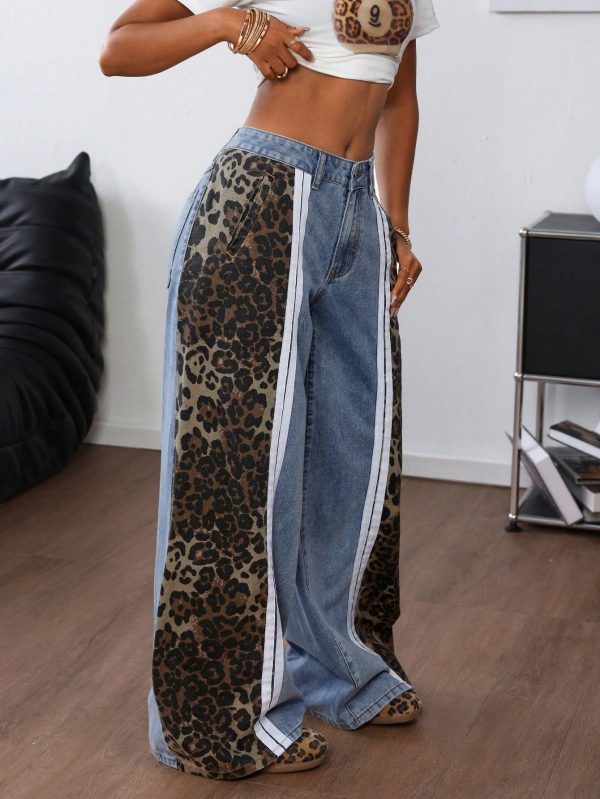 Women's Fashionable Leopard Print Patchwork Wide Leg Jeans