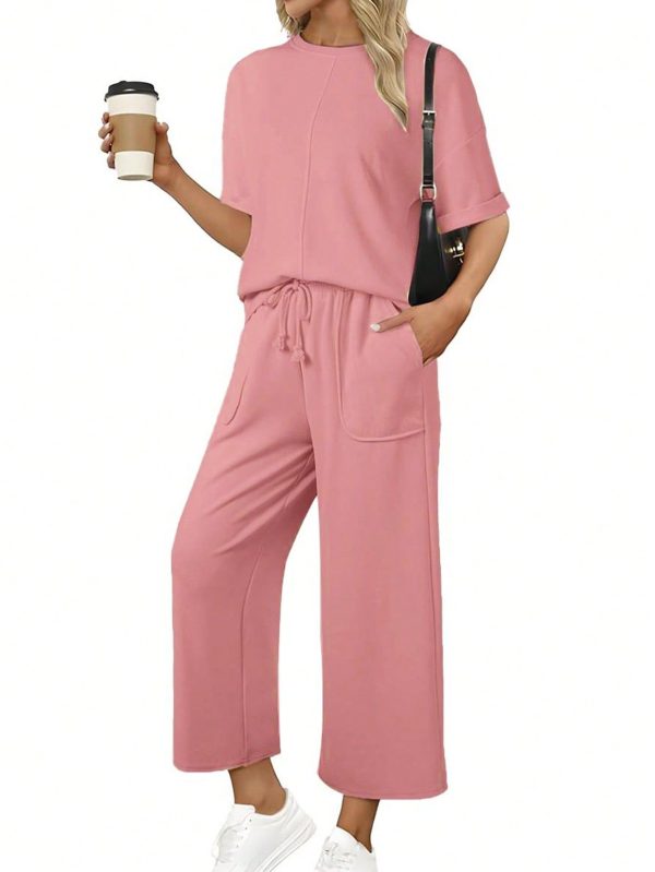 Women's 2 Piece Outfits Sweatsuit Casual Short Sleeve Pullover Tops And Drawstring Wide Leg Pants Lounge Sets