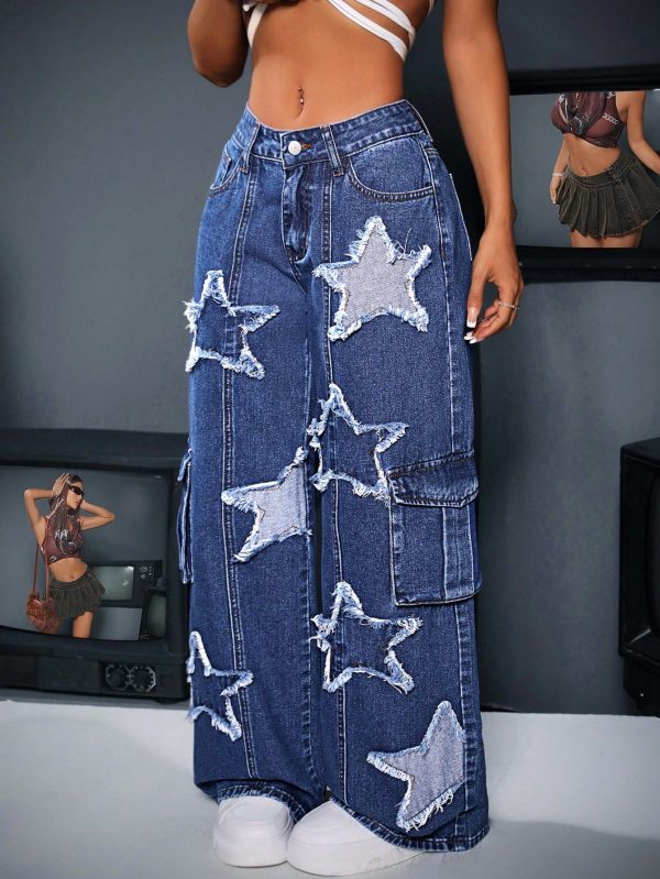 Women Work Wear Loose Denim Pants With Wide Legs, Star Patches And Pockets