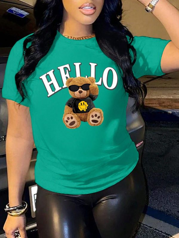 Bear & Letter Print T-Shirt Graphic Tees Women Tops
