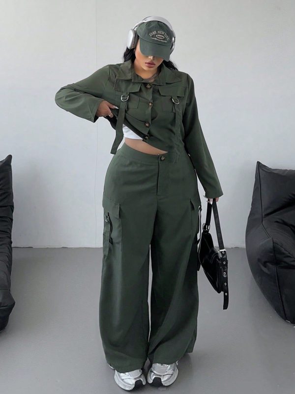 Plus Size Casual Jumpsuit With Large Pockets & Ribbon 2Pcs Set