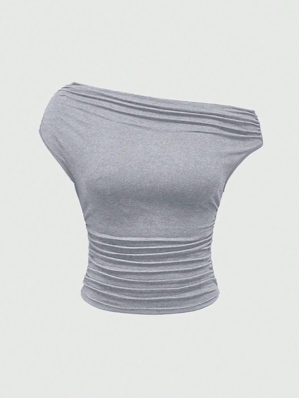Y2K Shibuya Girl Crop Top, Millennium Retro Revived Fitted Ruched Asymmetric Shoulder T-Shirt For Women