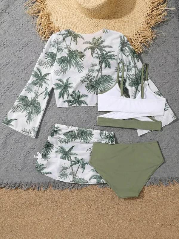 Tween Girl Colorblock Bikini Set With Coconut Tree Print Cover Up Set Summer Beach