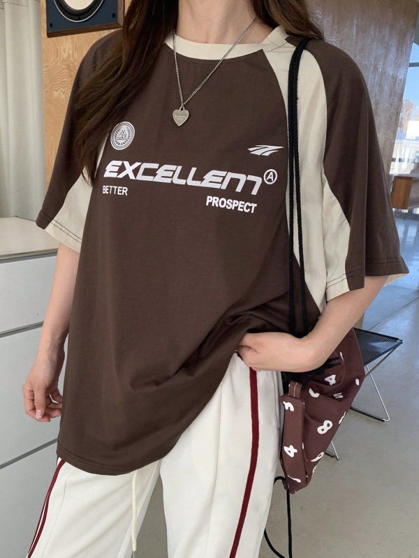 Women's Contrast Color Letter Printed Round Neck Short Sleeve T-Shirt EXCELLENT BETTER PROSPECT Jersey Summer