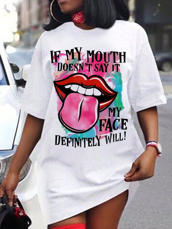 Women's Casual Minimalist Cartoon Sexy Mouth Lip Print Loose Round Neck Short Sleeve T-Shirt Dress, Suitable For Summer, Contains Cotton