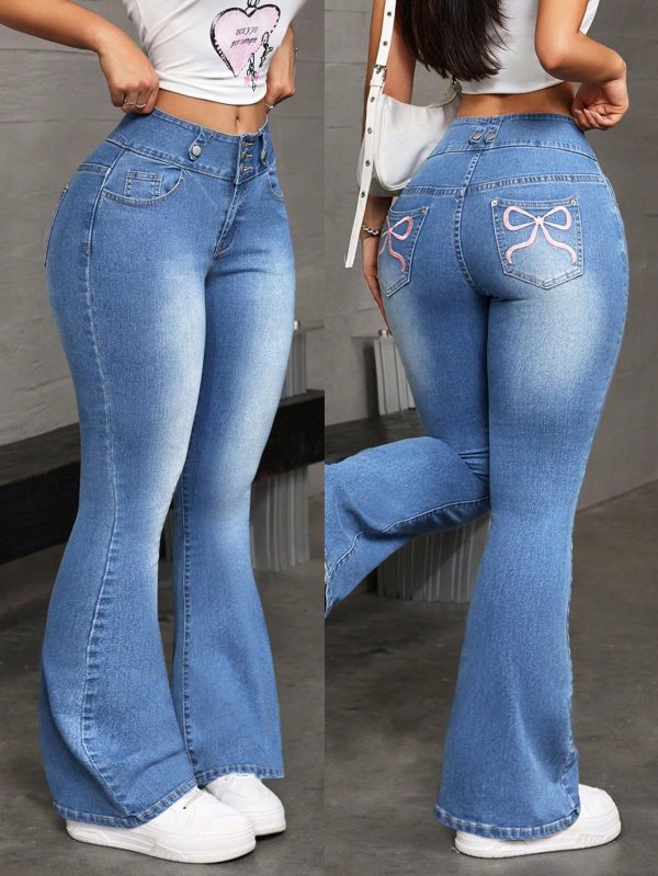 Women's Bowknot Embroidered Pocket Flared Casual Denim Jeans