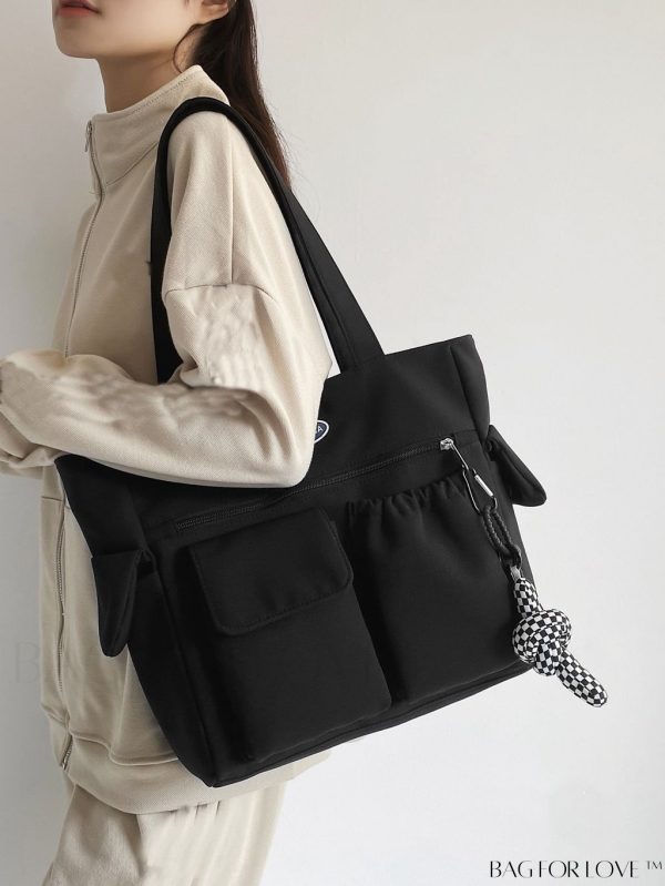 BagForLove - Waterproof Shopper Bag with Patch Detail and Bag Charm - Ideal for Students in College, University, and High School. Perfect for Outdoors, Travel, and Back to School. - Black / one-size
