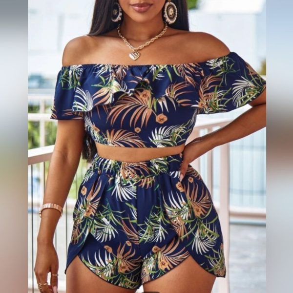 Shein Shorts | New Off Shoulder Tropical Top & Wrap Hem Shorts | Color: Blue/Green | Size: Lj