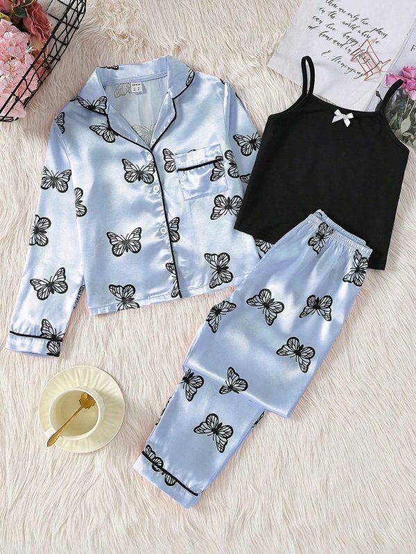 Calça De Cetim Azul Com Estampa De Borboleta Para Meninas, Camisa De Manga Comprida, Colete De Camisola, Conjunto De 3 Peças Para Casa