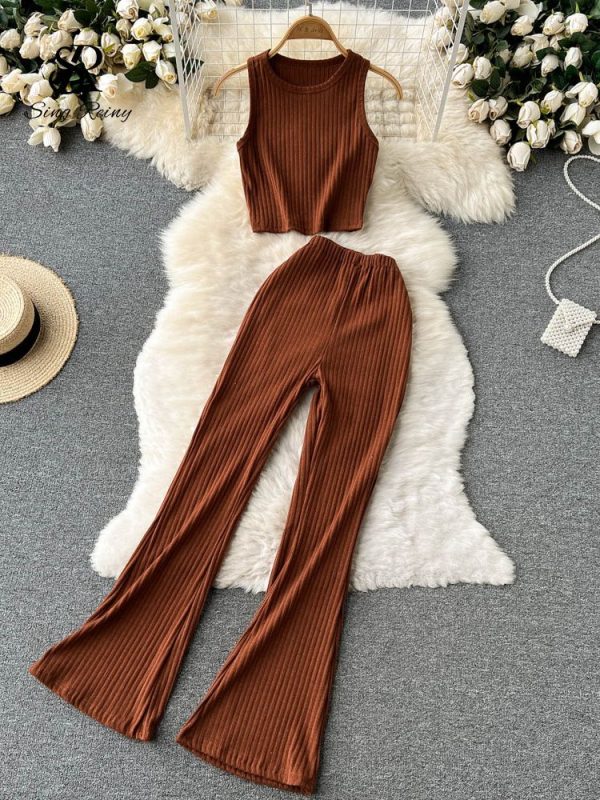 Zingj Women Casual Pants Set Fashion Bodycon Slim Short Tank Top +Striped Wide Legs Long Pants Solid Summer Two Piece Suit brown-One Size