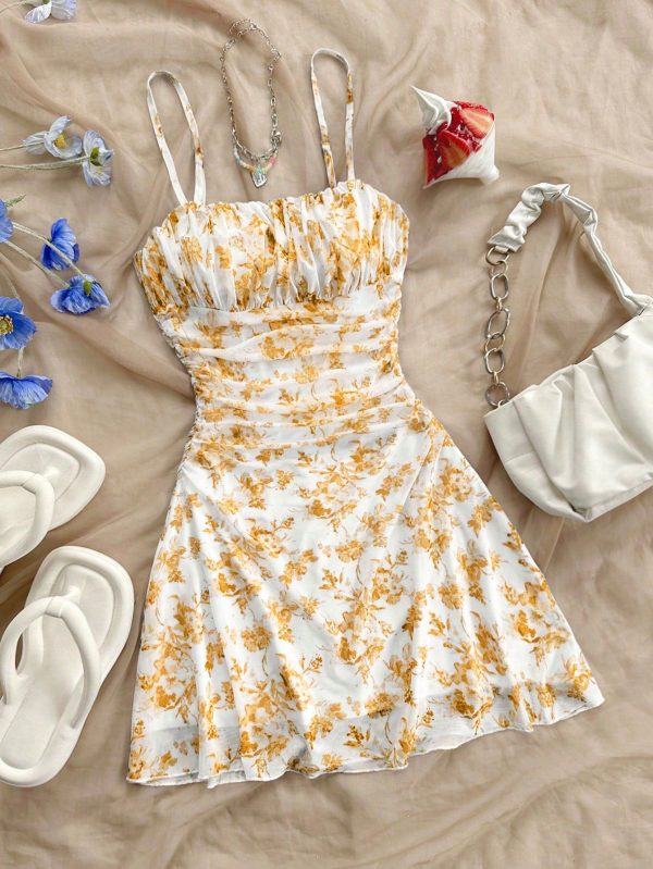Women's Summer Floral Print Mesh Strap Vacation Mini Dress