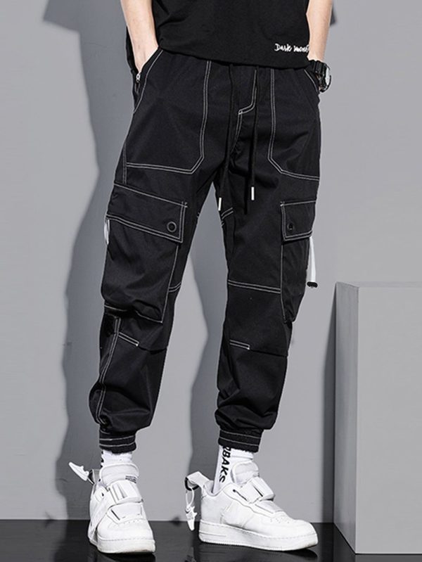 Men Top-Stitching Slant Pocket Cargo Pants, Plain Long Vacation Baggy Black Pants, For Husband, Boyfriend Gifts