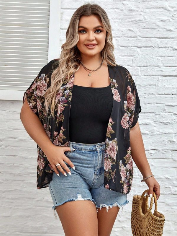 Plus Size Floral Print Batwing Sleeve Open Front Kimono Without Cami Top Summer