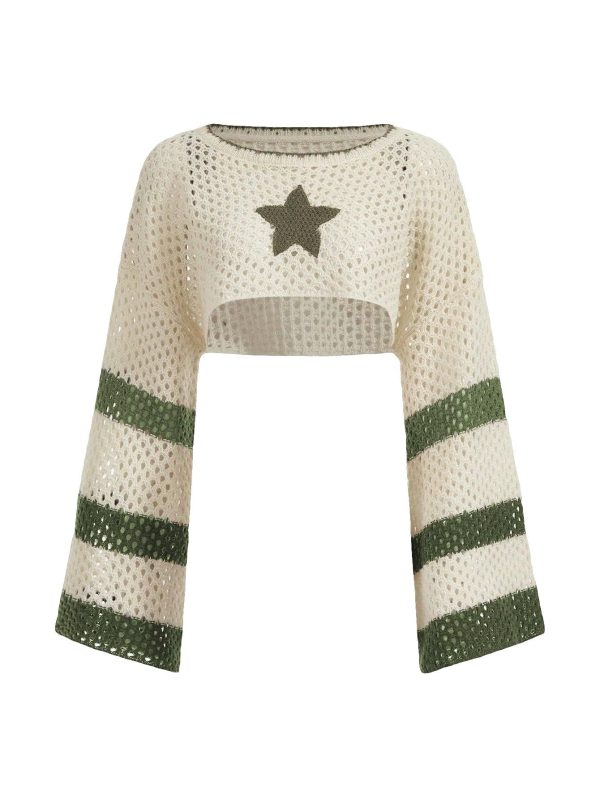 WDIRARA Women's Star Striped Print Long Sleeve Crop Sweater Round Neck Hollow Out Pullovers Knitwear