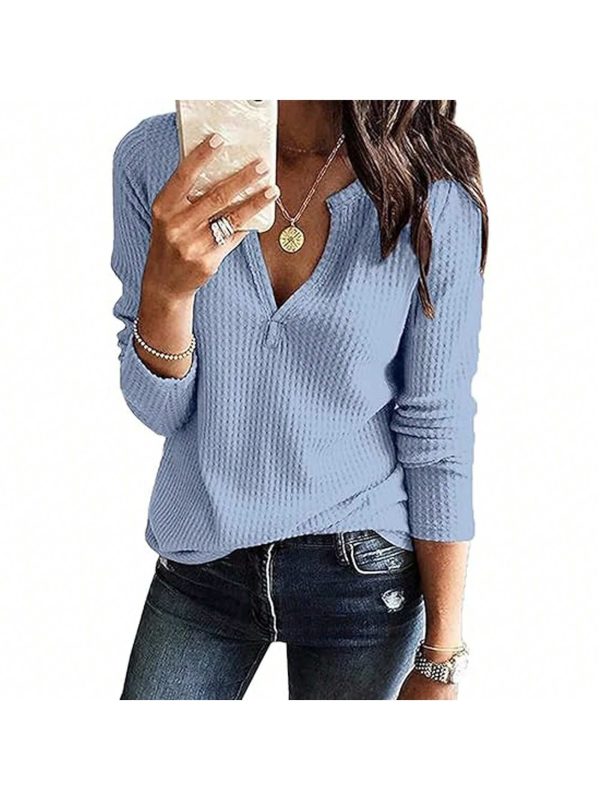 BZB Womens V Neck Waffle Knit Shirts Long Sleeve Loose Fitting Warm Tee Tops Sweaters Pullovers