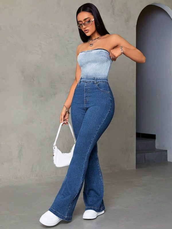Ombre Strapless Denim Jumpsuit With Flared Bottom