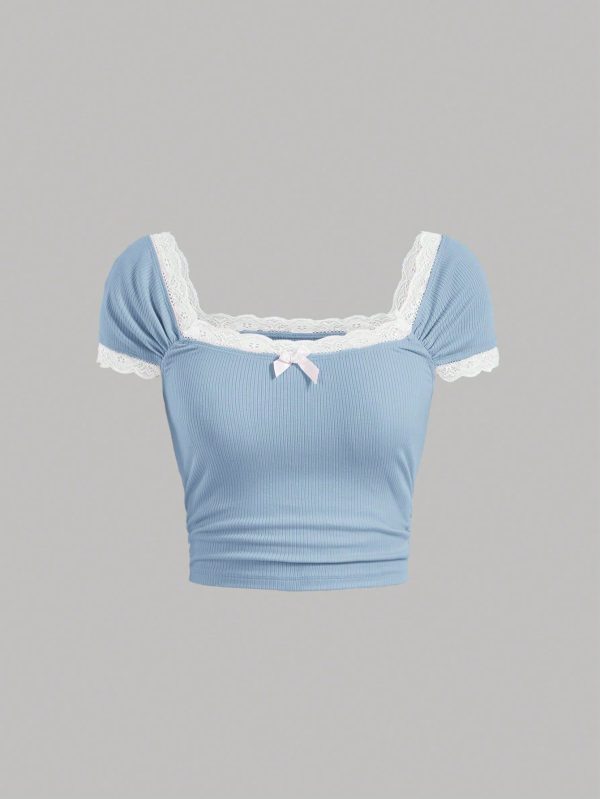 Teen Girl Rib Knitted & Lace Splicing Square Neckline Short Sleeve T-Shirt
