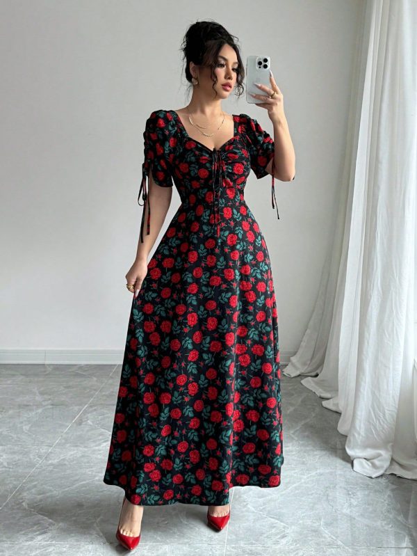 Square Neck Short Sleeve Cinched Waist Wrap Bust Flowy Dress, Elegant & Romantic For Holiday