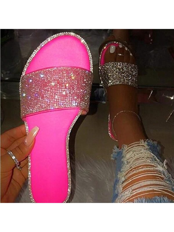 Sparkly Diamond Women's Open-Toe Slippers - Comfortable And Stylish Sandals With Studded Diamante And Summer Flat Design In Soid Colors.