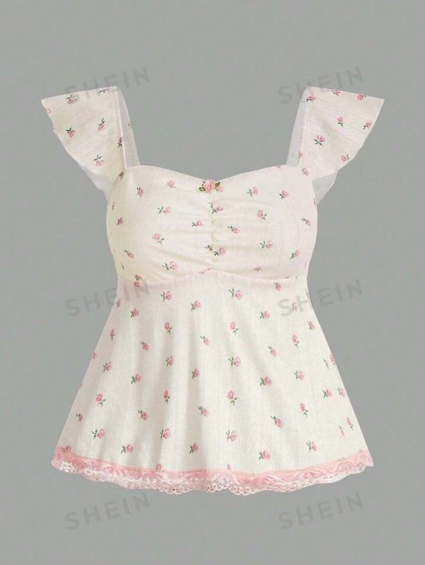 ROMWE Kawaii Ditsy Floral Print Ruched Bust Lace Trim Babydoll Top, School