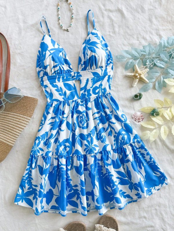 Women Holiday Floral Print Spaghetti Strap Backless A-Line Mini Dress,Dress For Women,New Years Women Outfit,Birthday Dress For Women,Dress For Women Party,Holiday Party Dress