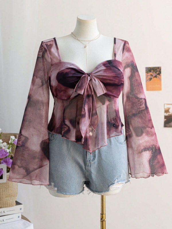 Plus Size Women Back To School Floral Print Tie Neck Long Sleeve Babydoll Top, Vacation Outfit