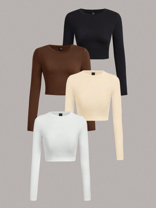 4pcs Casual Solid Color Crew Neck Short Fitted Women T-Shirts, Good For Spring & Fall