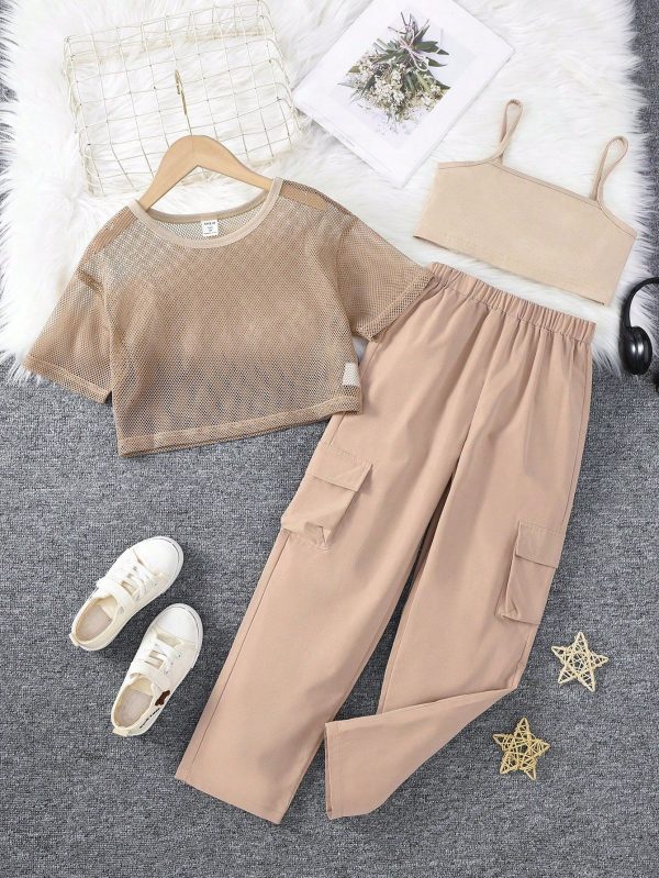 Top De Malha Transparente Com Manga Curta E Gola Redonda, Calça Cargo E Colete De Camisola Para Menina Adolescente