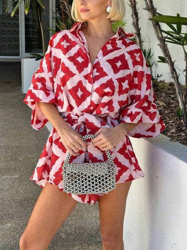 Women's Casual All-Over Print Batwing Sleeve Jumpsuit, Suitable For Vacation