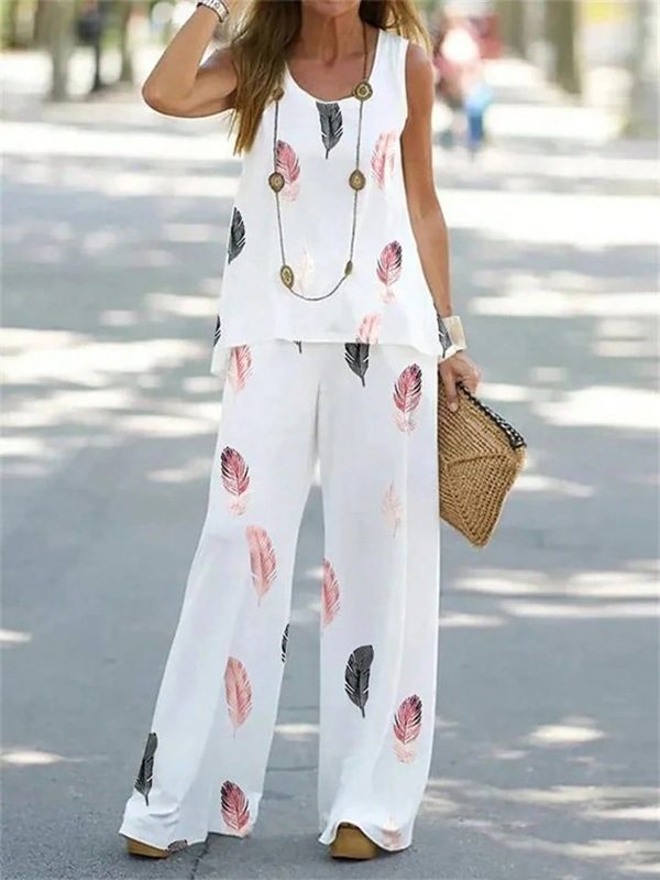 Sleeveless Feather Printed Top And Long Pants Set With Wide Round Neckline, Summer Casual Outfit