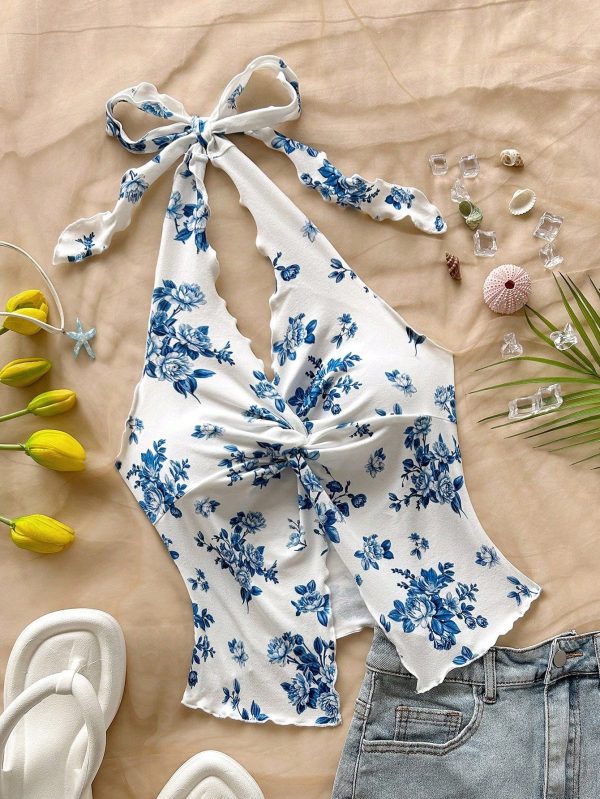 Women's Halter Neck Tied Crop Top, Figure-Flattering Short Style, Suitable For Summer,Spring Break, Saint Patrick,Easter Dress Women,Concert Outfit Women,Elegant,Vacation,Business Casual Woman ,Western,Cute,Boho,Country ,Modest,Streetwear,Tropical,Gyaru, Floral,Backless