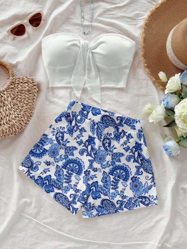 Beachwear Vintage Paisley Print Strapless Crop Top & Shorts 2 Pieces Set For Women, Summer Outfit,Summer Sets