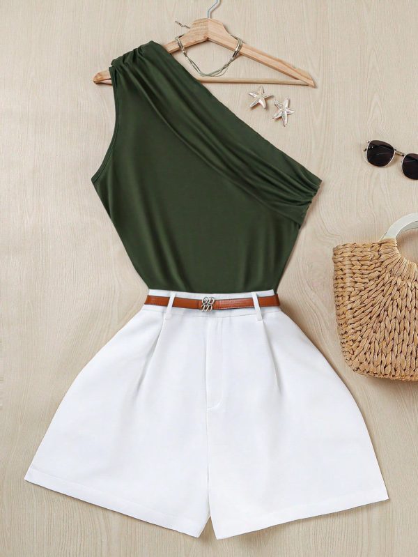 2pcs/Set Women Summer Simple Solid Color One Shoulder Top And Shorts