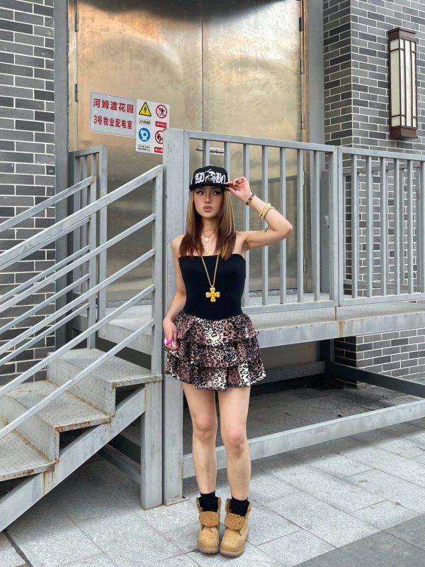 Teen Girls Summer Streetwear Y2K Cheetah Print Stretchy Mini Sundress Anti-Exposure Pants, Summer Outfits For Youth Girls