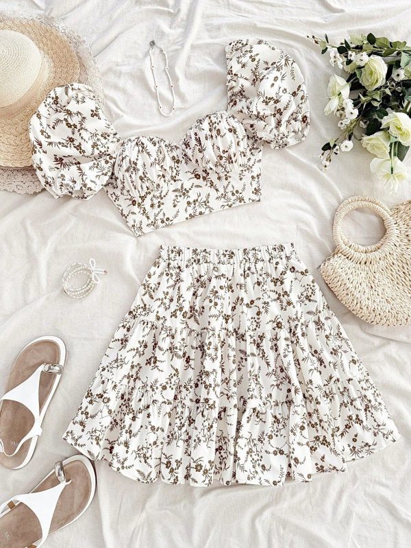 Women Floral Print Heart Neck Backless Bowknot Puff Sleeve Shirt & Mini A-Line Skirt 2 Pieces Set, For Holiday, Date, Party, Afternoon Tea, Boho, Beach, Summer Outfit