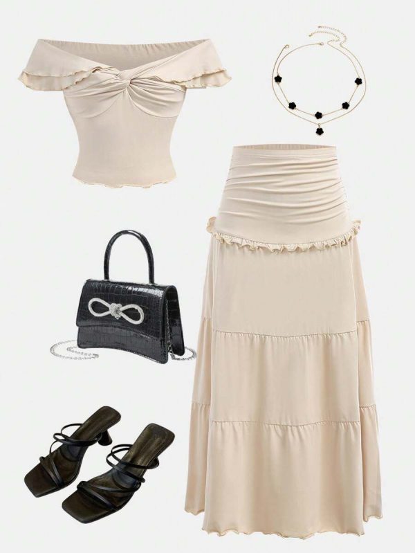 Girlism Teen Girl Apricot Color Knit Solid Off Shoulder Twist Top & Side Ruched Long Skirt 2 Pieces Set, Elegant Vacation 2Pcs Outfit