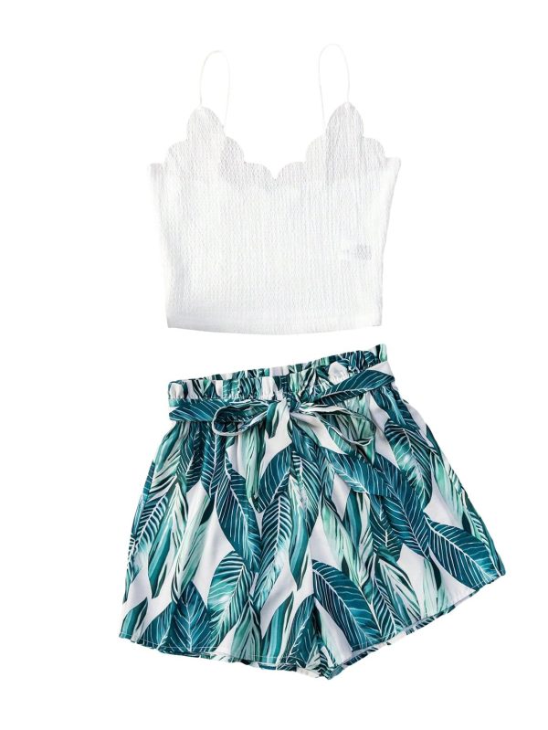 SweatyRocks Women's 2 Piece Outfits Sleeveless Scallop Trim Cami Top and Elastic Waist Shorts Set