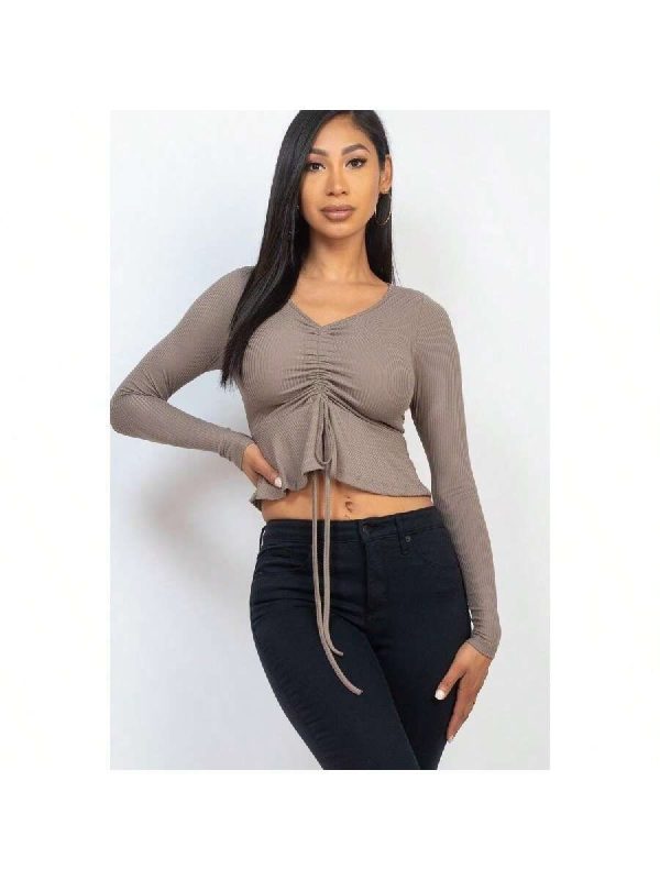 Ribbed Drawstring Front Long Sleeve Peplum Top