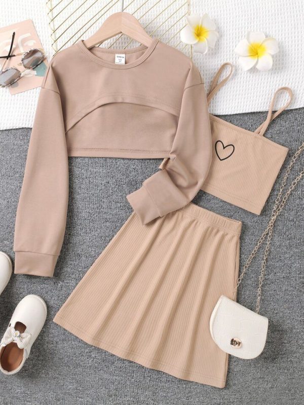 Tween Girl High Low Super Crop Sweatshirt & Heart Print Cami Top & Skirt