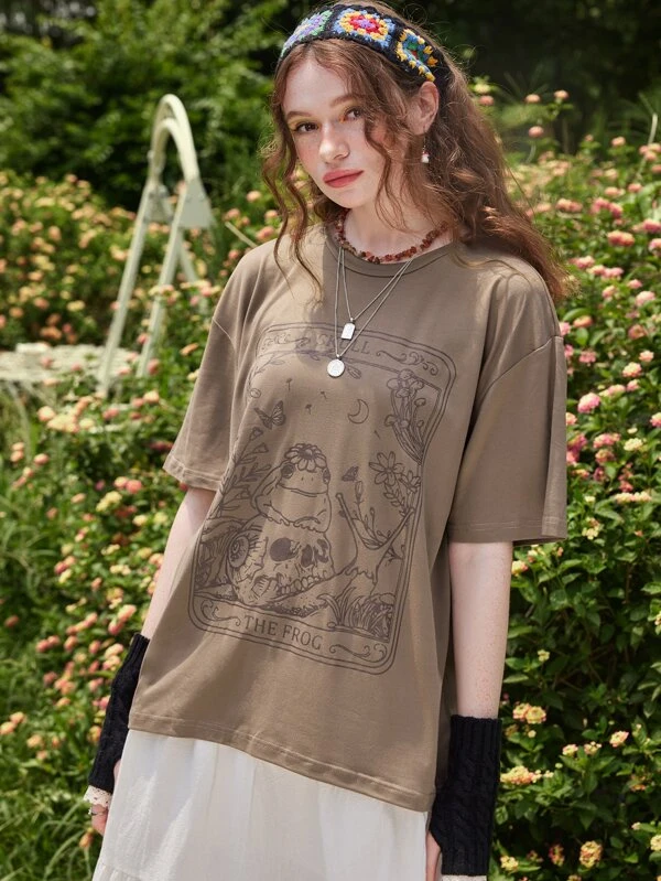 ROMWE Fairycore Frog & Skull Print Drop Shoulder Tee