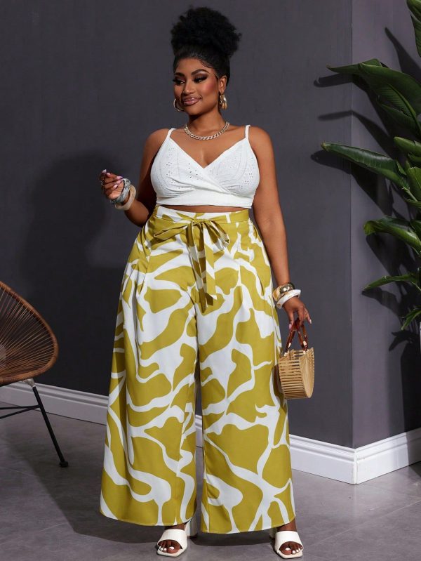 Slaydiva Plus Size Women Holiday Knotted Waist Print Loose Wide Leg Casual Pants