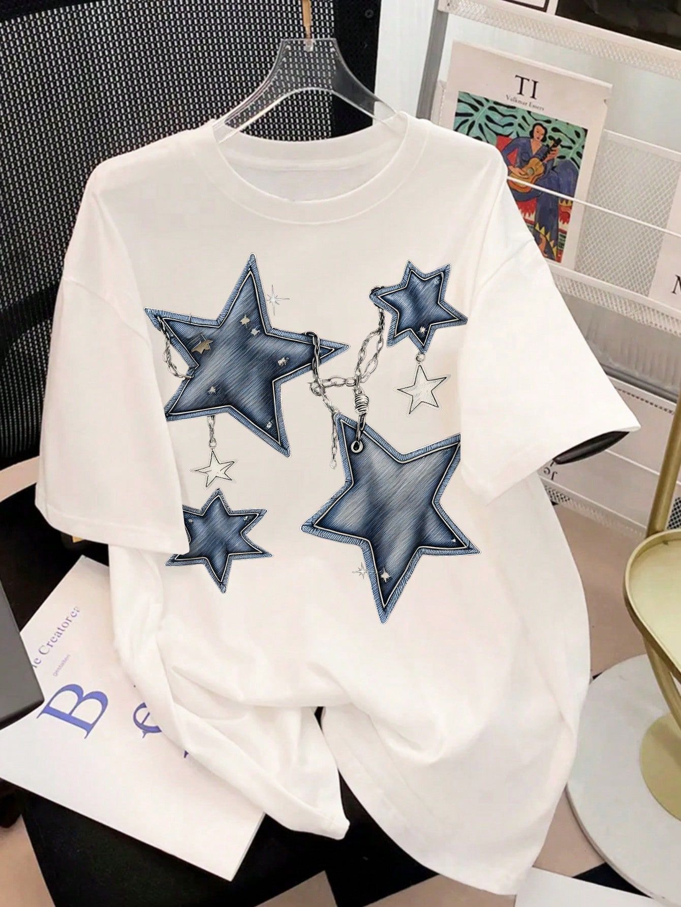 Cool Girl, Teen Girls Casual Pentagram & Chain Star Pendant Print Minimalist Oversized T-Shirt, Stretchy Cotton Material, Summer