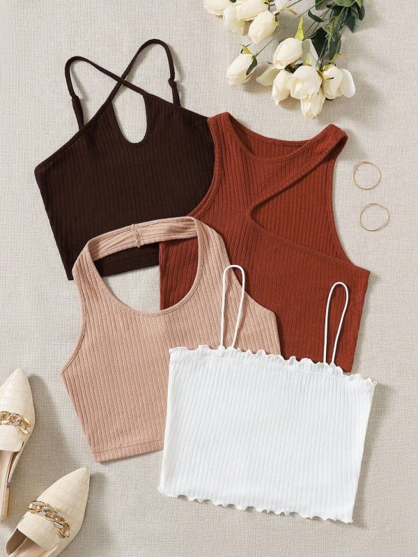 4pcs Solid Ribbed Knit Top, Going Out Top