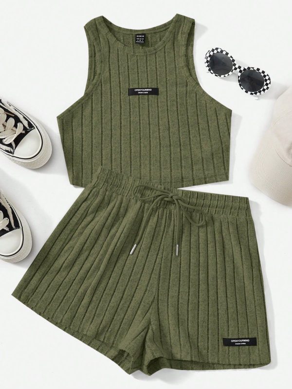 Letter Patched Detail Tank Top & Drawstring Waist Shorts