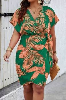 Classy , Plus Size Boho women's  , Tropical Plant Printed Batwing Short Sleeve Summer Beach Dress