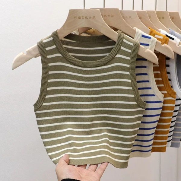 Summer Spring Striped Tank Tops Women Sleeveless Knitted T-Shirts Crop Tops Female Elastic Slim Casual Vests Pullover Camis - green / One Size